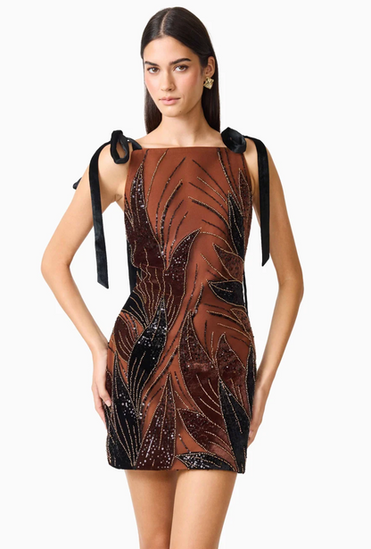 Elliatt Giada Embellished Mini Dress in Chocolate Brown