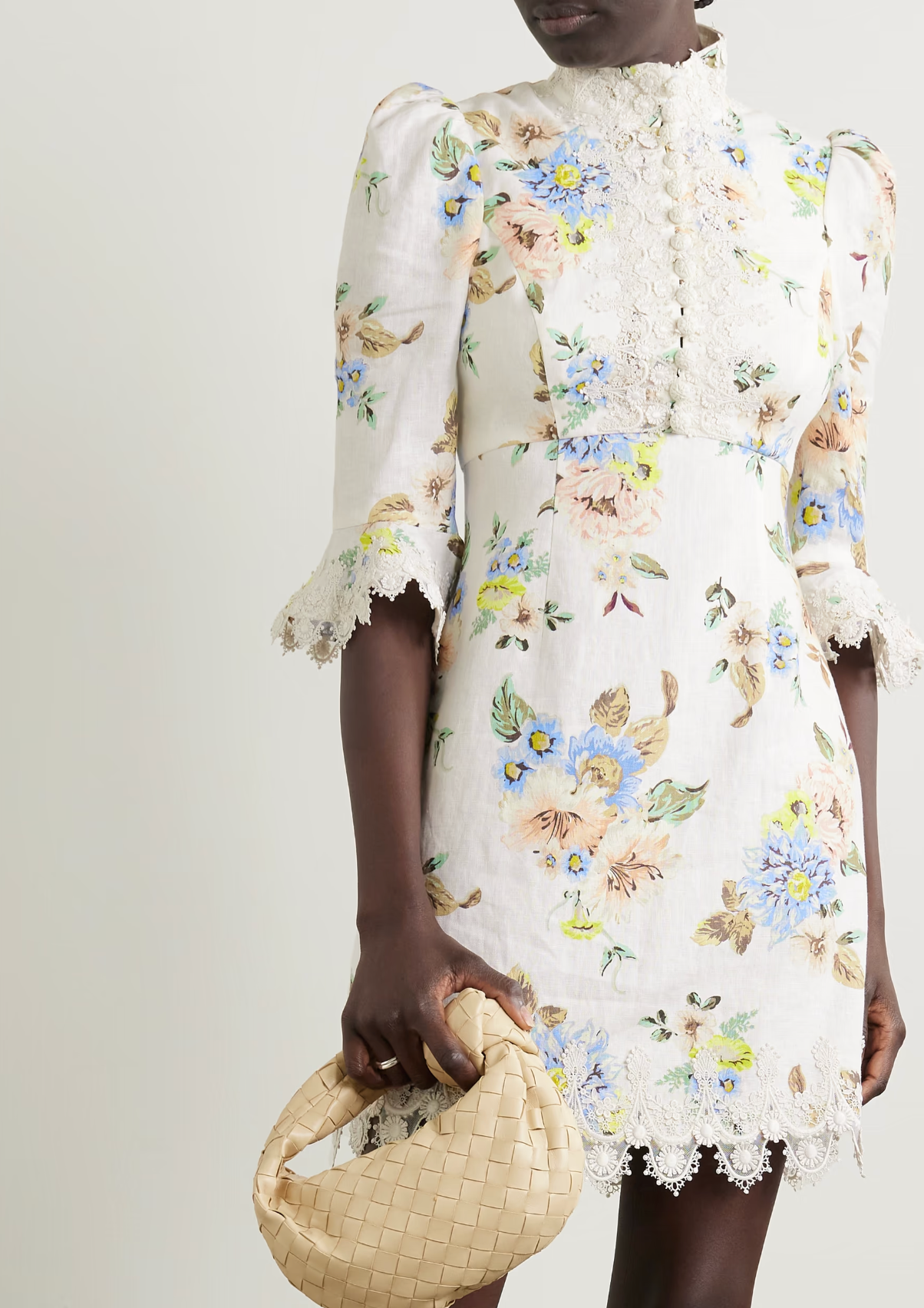 Zimmermann crochet-trimmed floral-print linen mini dress