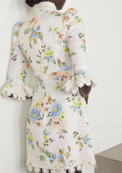 Zimmermann crochet-trimmed floral-print linen mini dress