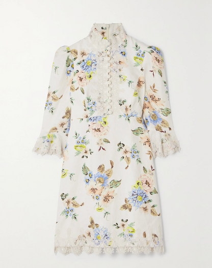 Zimmermann crochet-trimmed floral-print linen mini dress