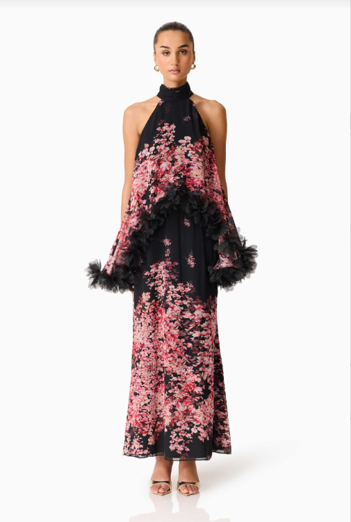 Elliatt Tulsia Cape Maxi Dress Red & Black Multi