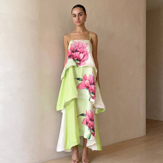 Elisia Tiered Gown in Green & Pink Floral