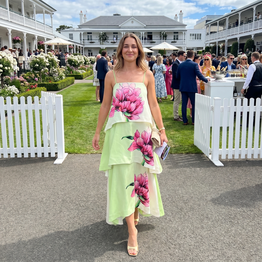 Elisia Tiered Gown in Green & Pink Floral
